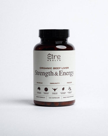 Supplement bottle labeled 'Strength & Energy' by etre health on a white background